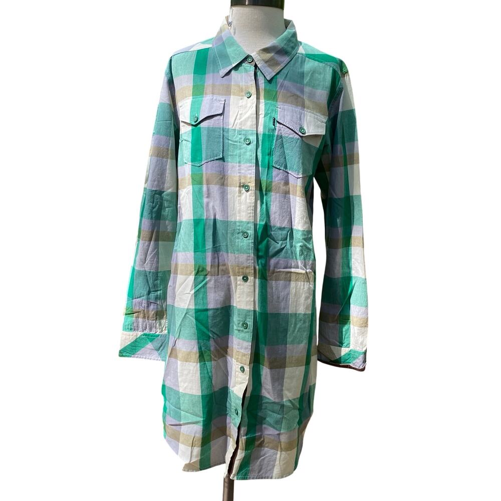 Kavu Jurnee Shirt Dress Woods Green Plaid and Brown Elbow Patches Size M